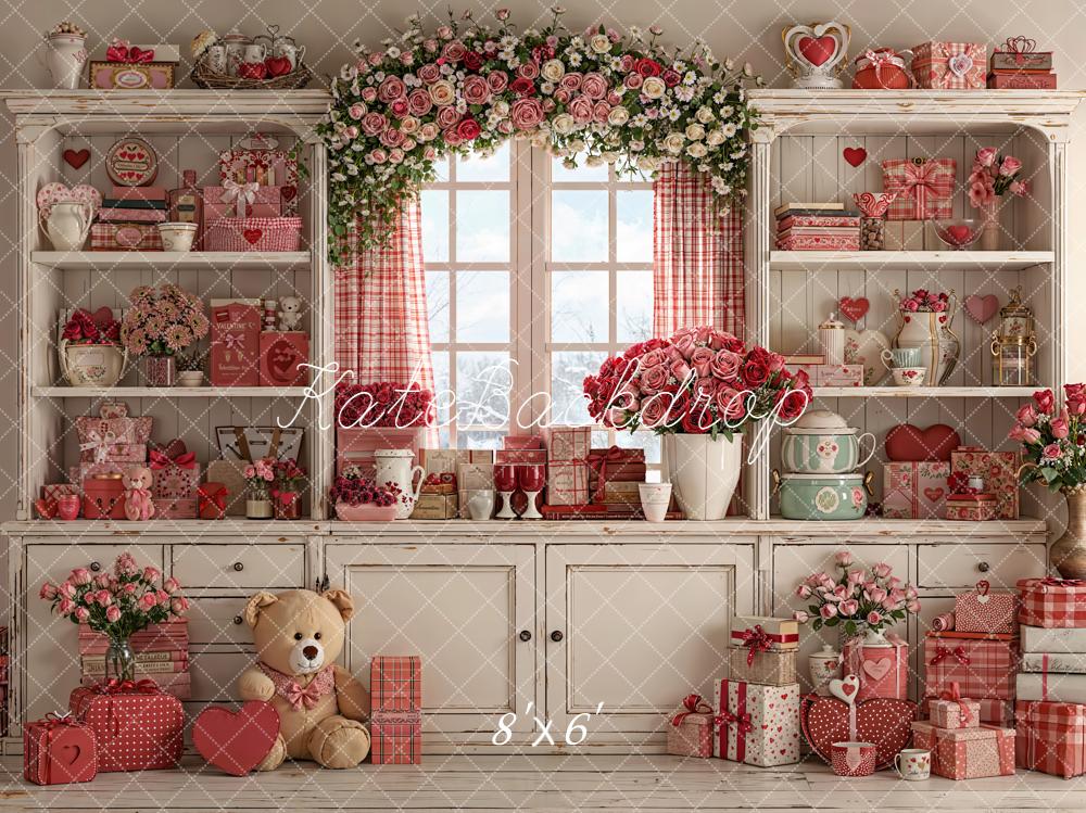 Kate Valentine's Day White Shelf Red Gift Flowers Window Backdrop Designed by Emetselch