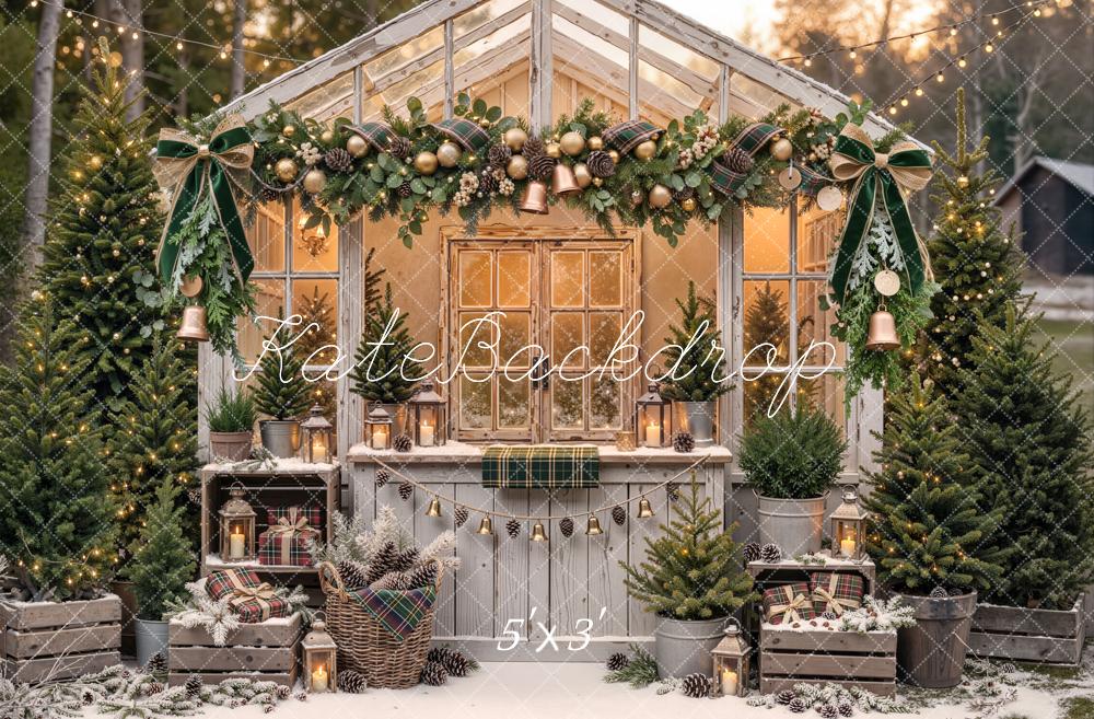 Kate Christmas Vintage Greenhouse Garland Pine Trees Printed Backdrop Designed by Emetselch