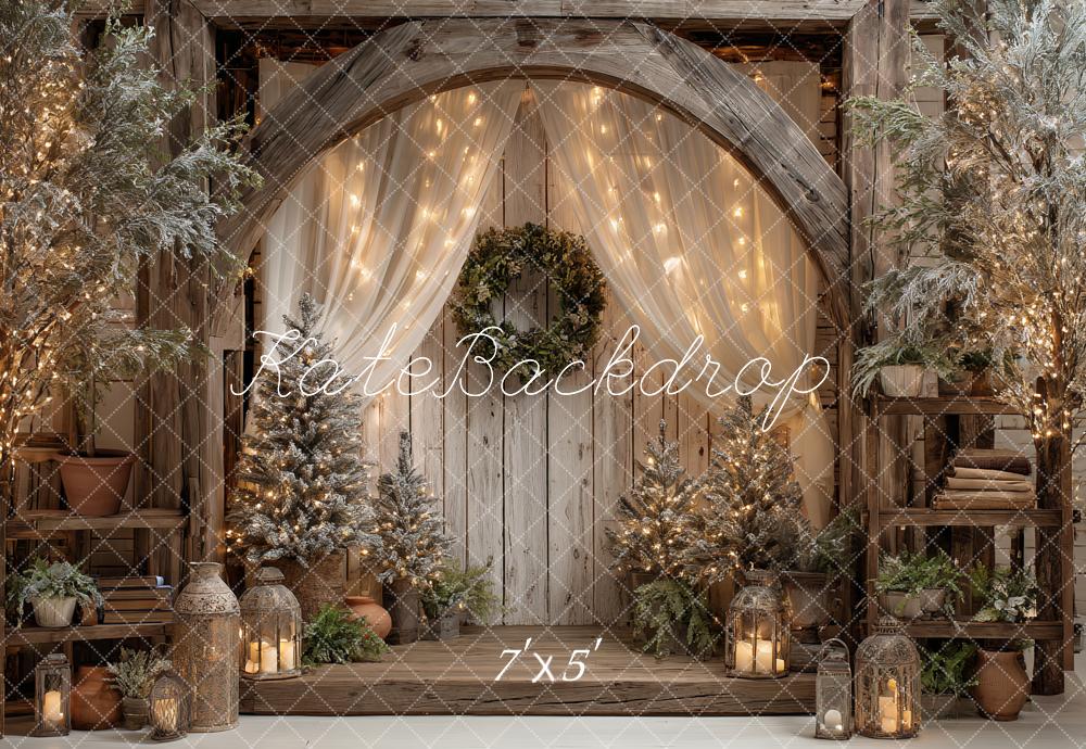 Kate Christmas Rustic Wood Arch Wreath String Lights Lanterns Trees Backdrop Designed by Ashley Paul