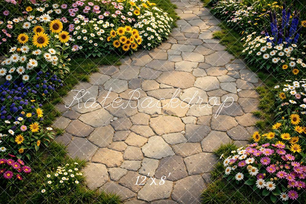 Kate Spring Cobblestone Pathway Colorful Garden Flowers Floor Backdrop Designed by Mini MakeBelieve