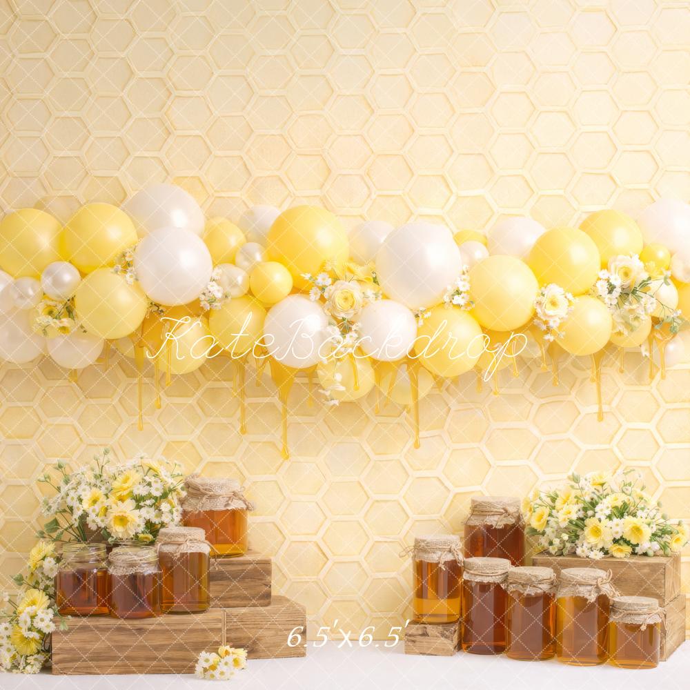 Kate Cake Smash Yellow Honeycomb Balloons Honey Jars Flowers Backdrop Designed by Megan Leigh Photography