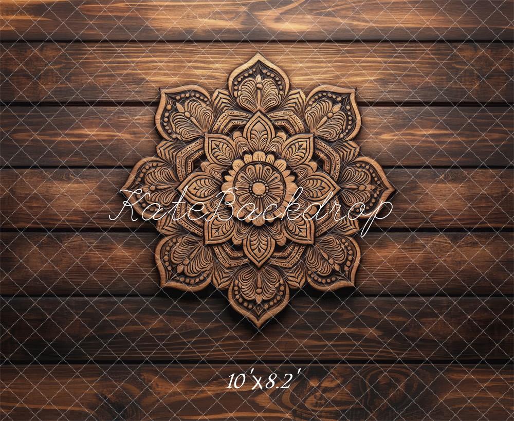 Retro Bloem Mandala Houten Vloer Foto Achtergrond Designed by Mini MakeBelieve