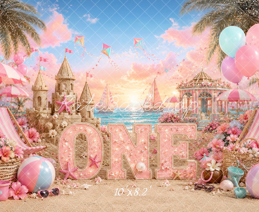 Kate Cake Smash Beach Pink Sandcastle Carousel Printed Backdrop Designed by Ashley Paul
