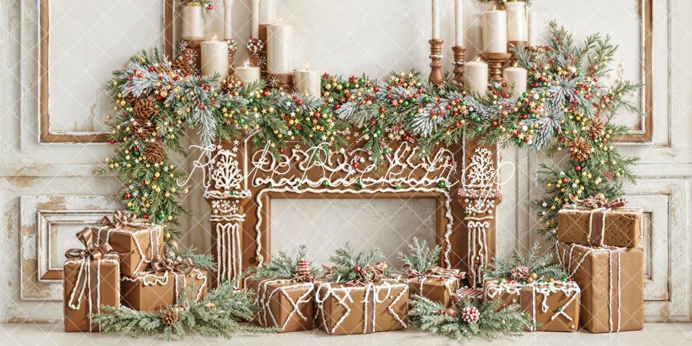 Kate Christmas Gingerbread Fireplace Garland Gifts Wreath Backdrop Designed by Emetselch
