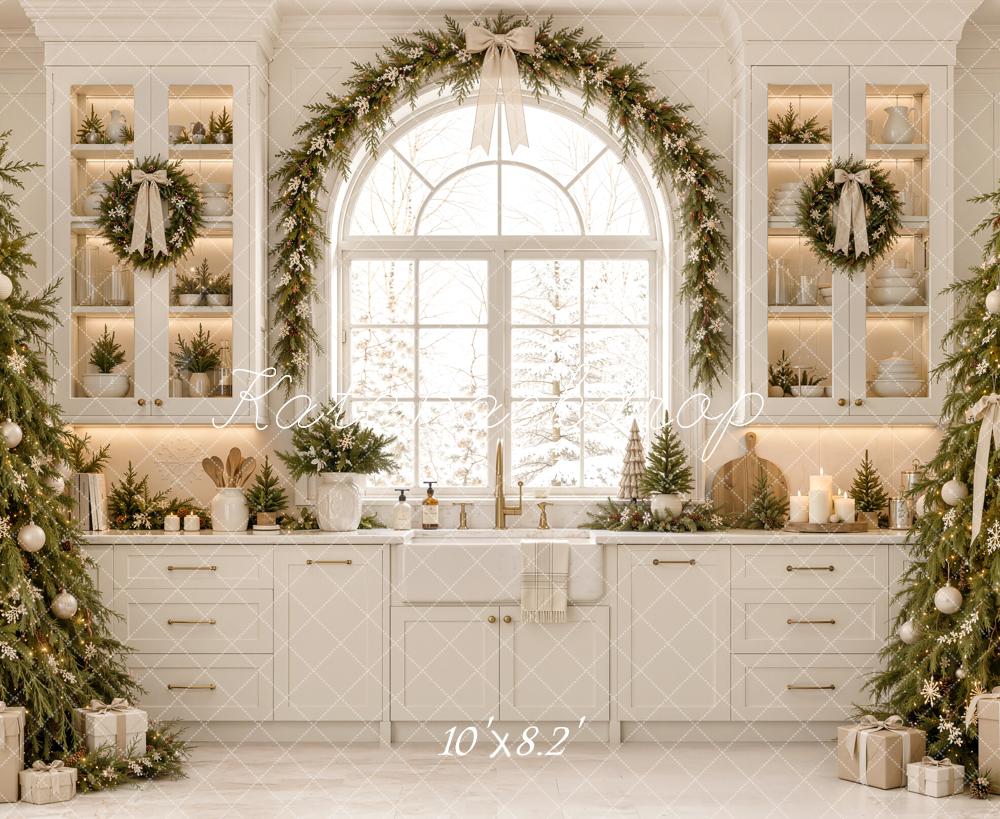 Kate Christmas White Kitchen Cabinet Window Trees Garland Printed Backdrop Designed by Emetselch