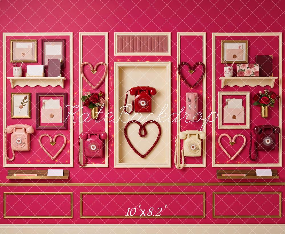 Kate Valentine's Day Pink Vintage Telephone Hearts Wall Printed Backdrop Designed by Patty Roberts