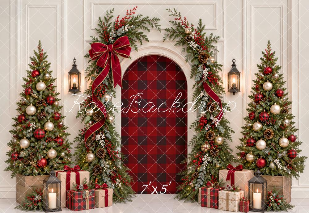 Kate Christmas Trees Arch Plaid Red Ribbon Garland Gifts Printed Backdrop Designed by Emetselch