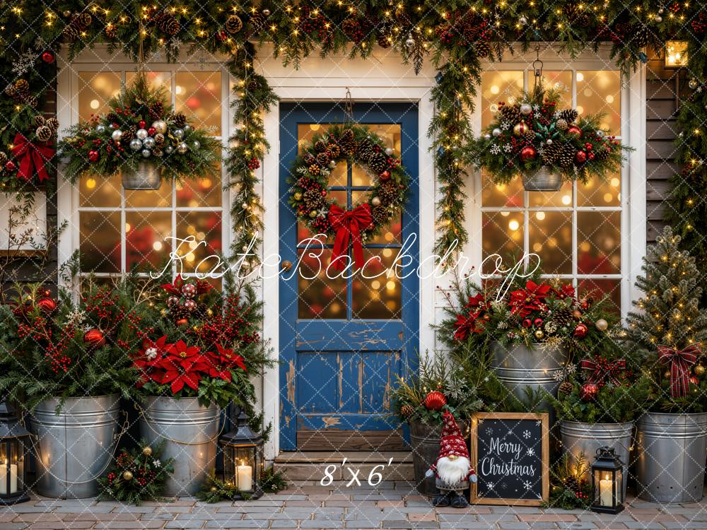 Kate Christmas Blue Door Garland Poinsettia Lanterns Printed Backdrop Designed by Emetselch