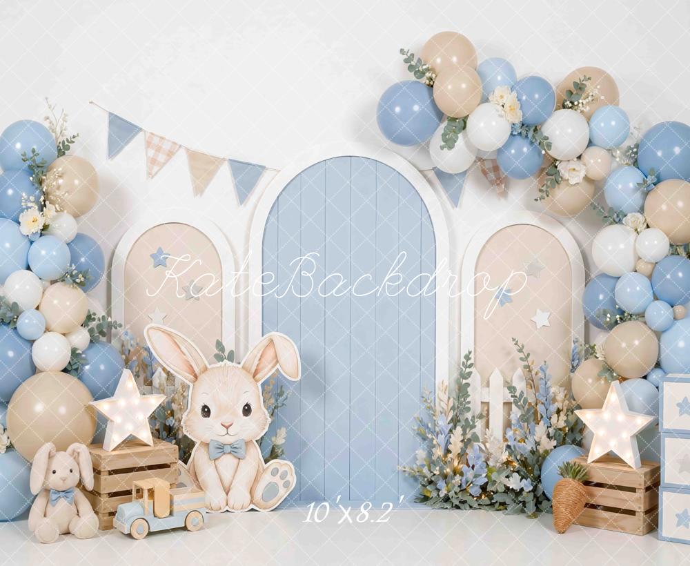 Kate Cake Smash Bunny Blue Beige Balloon Arch Printed Backdrop Designed by Mini MakeBelieve
