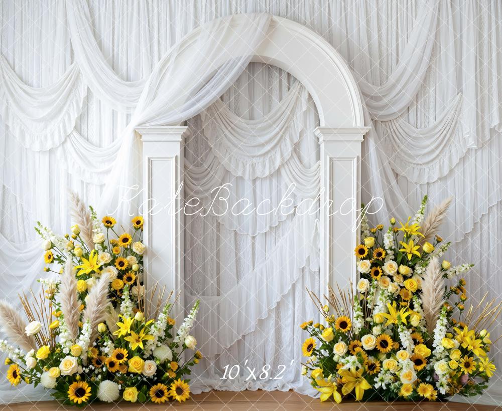 Kate Spring White Arch Yellow Sunflower Flower Arrangement Backdrop Designed by Mini MakeBelieve