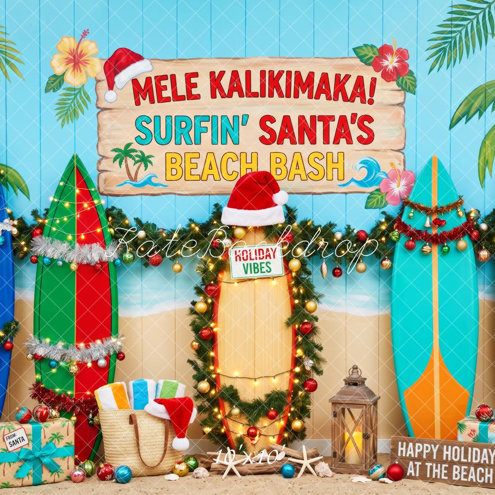 Kate Christmas Surfboards Surfing Santa’s Beach Bash Garland Printed Backdrop Designed by Patty Roberts