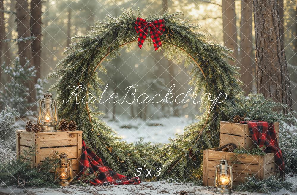 Kate Christmas Greenery Wreath Forest Crates Lanterns Printed Backdrop Designed by Emetselch