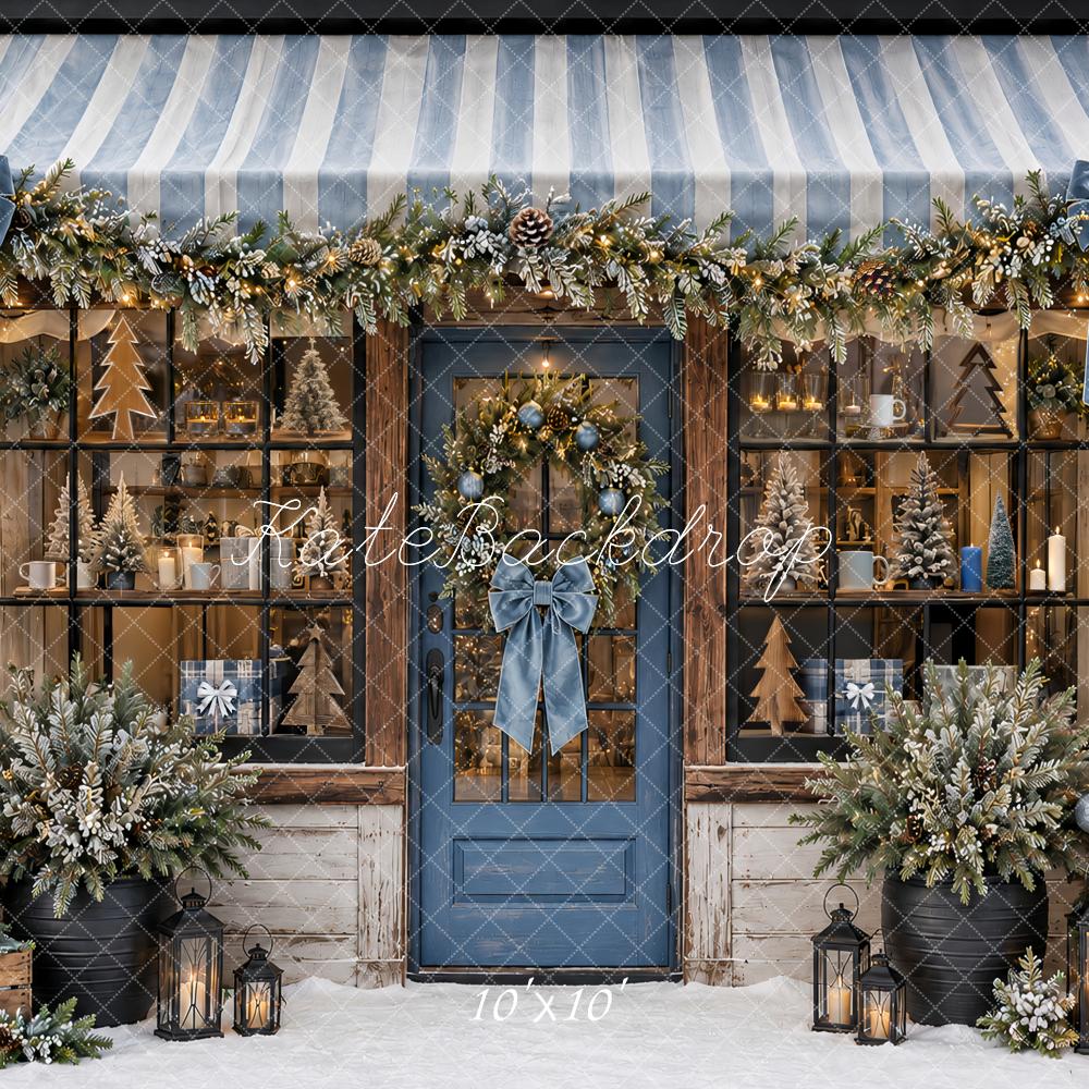 Kate Christmas Blue Storefront Garland Awning Snowy Printed Backdrop Designed by Ashley Paul