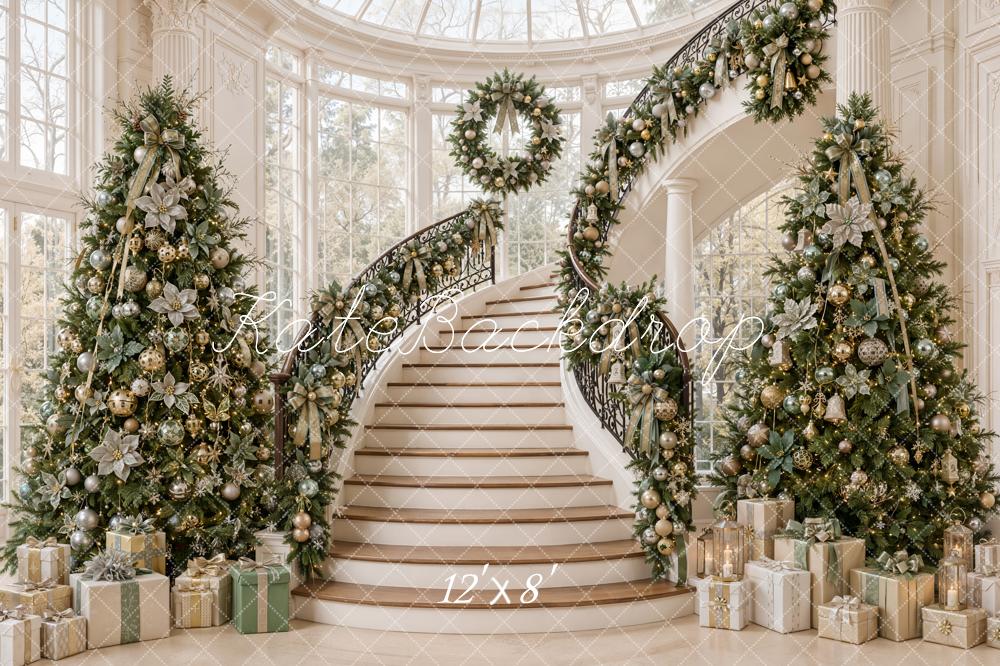 Kate Christmas Trees Cascading Stairs Garland Wreath White Printed Backdrop Designed by Emetselch