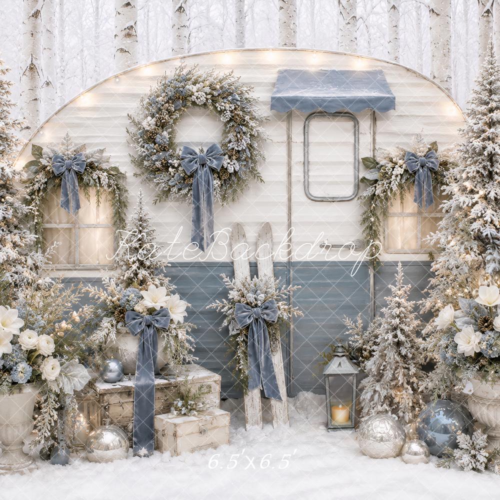 Kate Christmas Snowy Blue Camper Bow Wreaths Printed Backdrop Designed by Ashley Paul