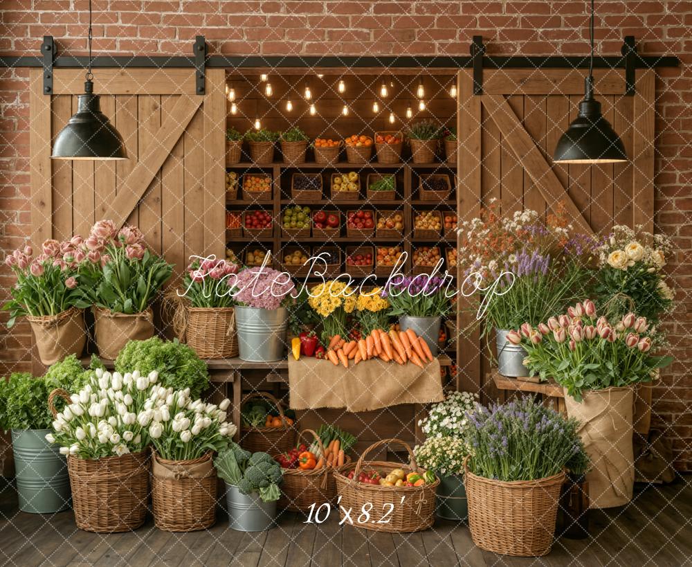 Kate Flower Market Fruits Vegetables Rustic Barn Brick Wall Printed Backdrop Designed by Emetselch