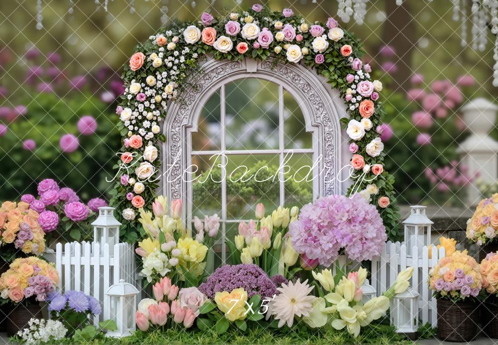 Kate Spring Flower Arch Window Garden White Fence Lanterns Printed Backdrop Designed by Mini MakeBelieve