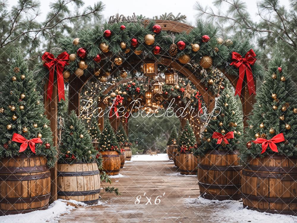 Kate Christmas Pine Arch Garland Wooden Barrels Lanterns Backdrop Designed by Emetselch
