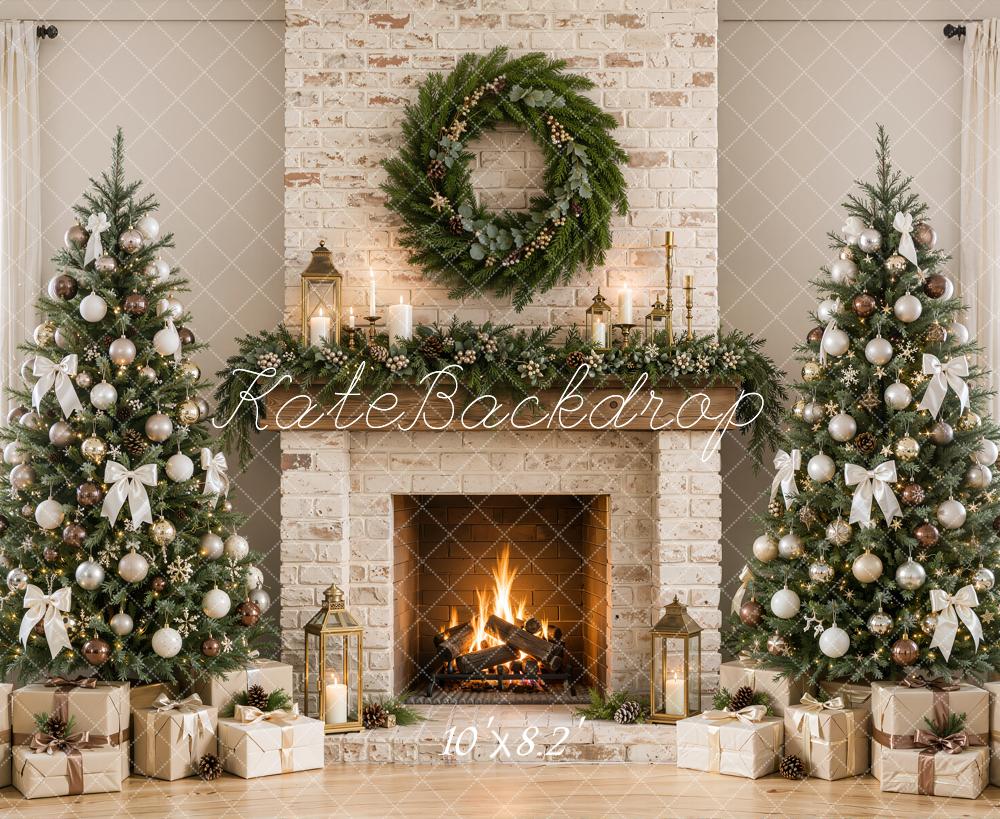 Kate Christmas Brick Fireplace Christmas Trees Wreath Bow Printed Backdrop Designed by Emetselch