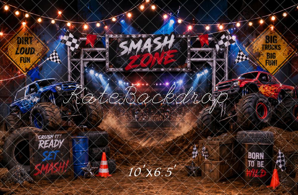Kate Cake Smash Monster Truck Zone Dirt Arena Checkered Flags Printed Backdrop Designed by Ashley Paul