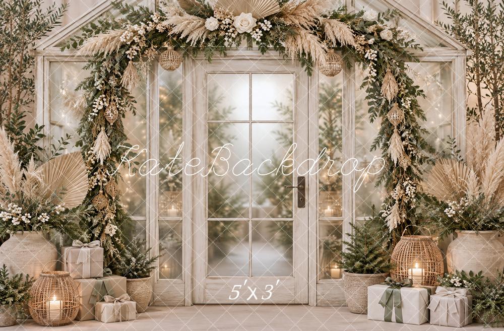 Kate Christmas Boho Greenery Arch Glass Door Gifts Printed Backdrop Designed by Vertigo Productions