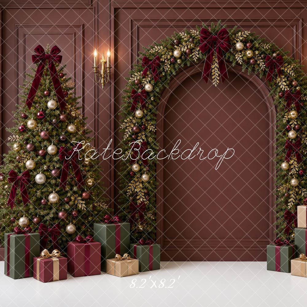 Kate Christmas Burgundy Garland Arch Trees Bow Gifts Printed Backdrop Designed by Shutter Swan Studios