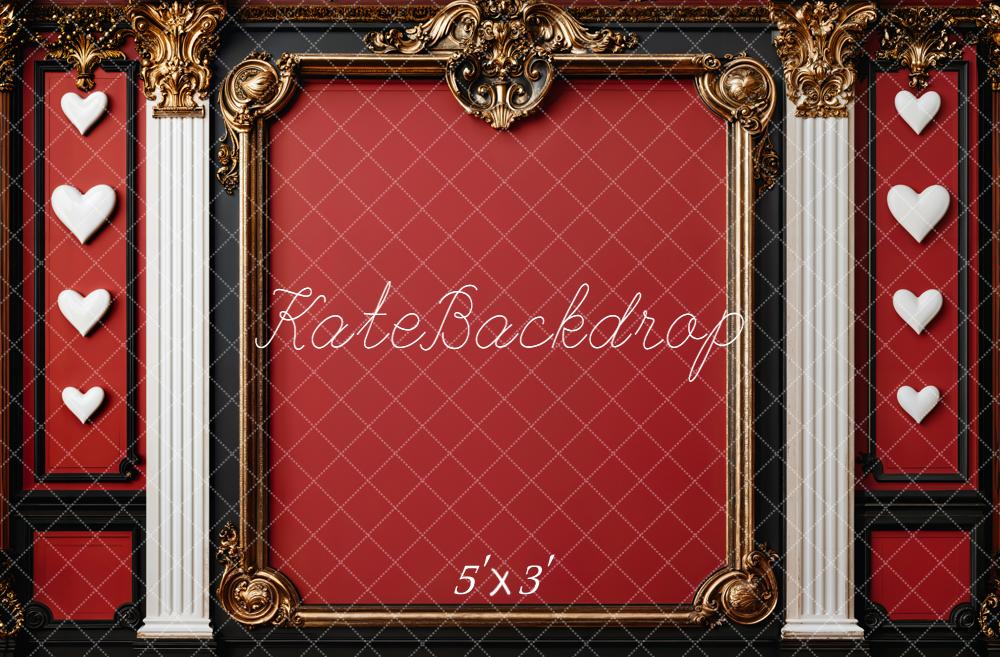 Kate Retro Red Baroque Hearts Columns Gold Frame Wall Backdrop Designed by Emetselch