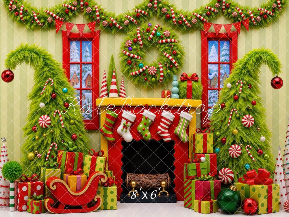 Kate Christmas Whimsical Fireplace Trees Presents Green Wall Printed Backdrop Designed by Mini MakeBelieve