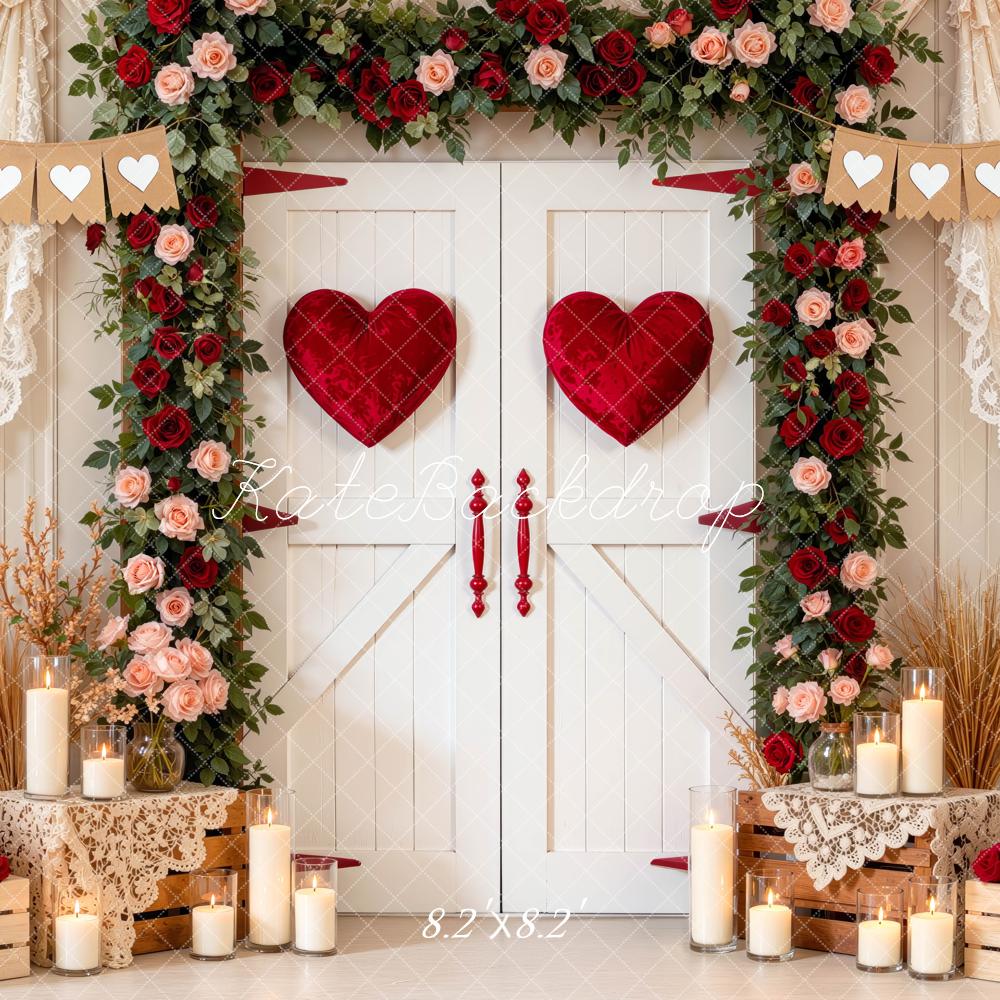 Kate Valentine's Day White Doors Heart Flower Arch Printed Backdrop Designed by Mini MakeBelieve