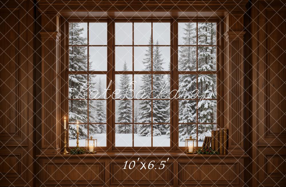 Kate Winter Window Snowy Pine Trees Vintage Wall Printed Backdrop Designed by Emetselch
