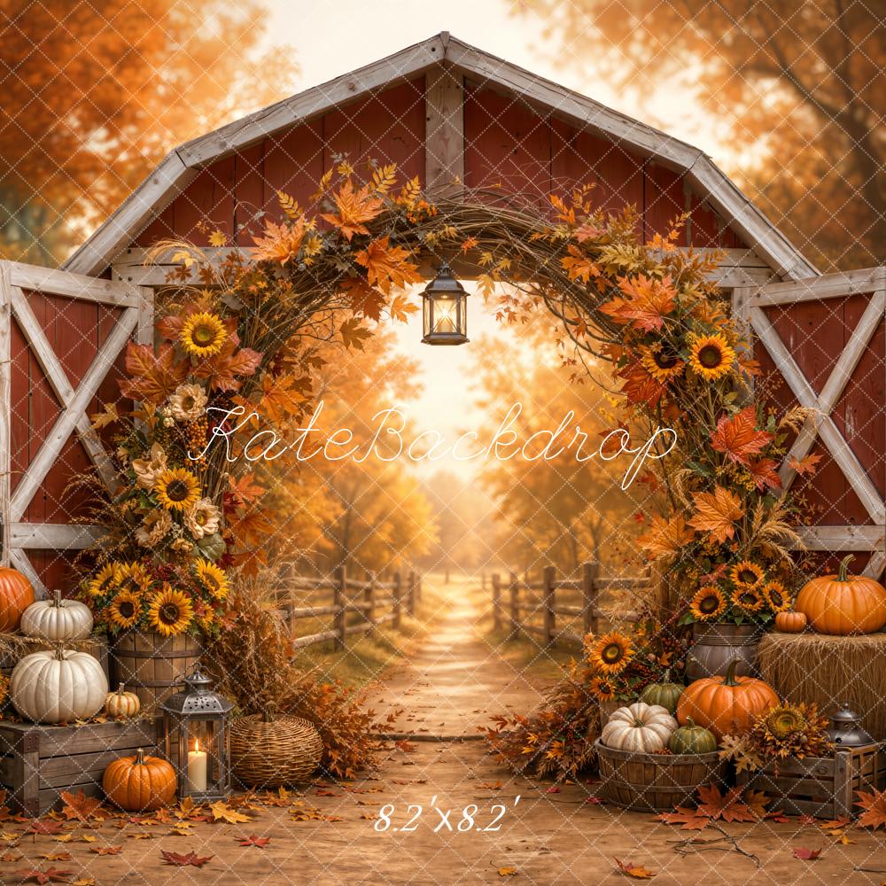 Kate Fall Barn Circle Floral Arch Pumpkin Pathway Printed Backdrop Designed by Emetselch