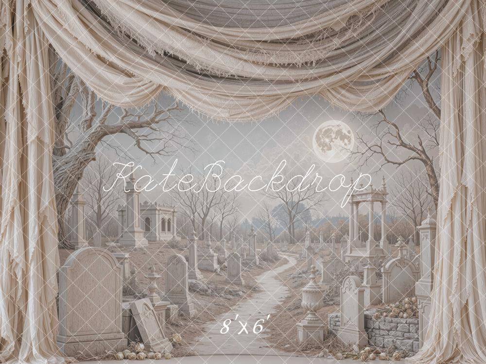 Kate Halloween Gray Cemetery Moon Drapes Tragedy Printed Backdrop Designed by Mini MakeBelieve