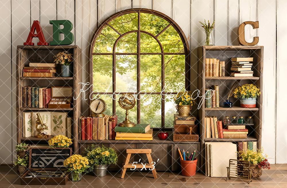 Kate Back to School Bookshelves Window Books Flowers Printed Backdrop Designed by Emetselch