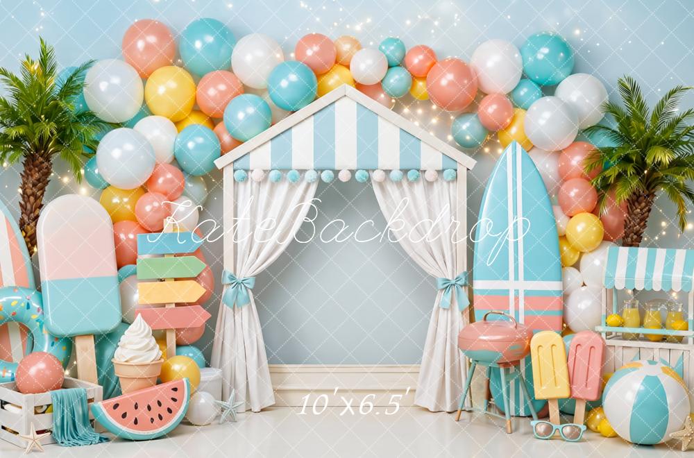 Kate Summer Cake Smash Pool Party Beach Hut Popsicle Surfboard Printed Backdrop Designed by Mini MakeBelieve