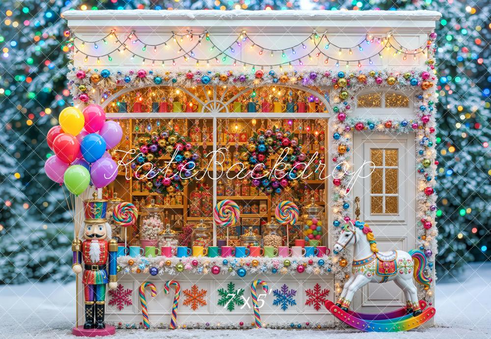 Kate Christmas Candy Shop Nutcracker Colorful Snowy Printed Backdrop Designed by Mini MakeBelieve