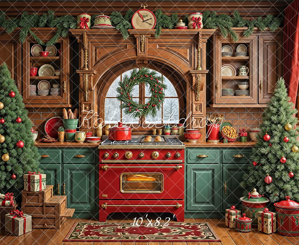 Kate Christmas Kitchen Cabinets Red Oven Wreath Trees Backdrop Designed by Emetselch