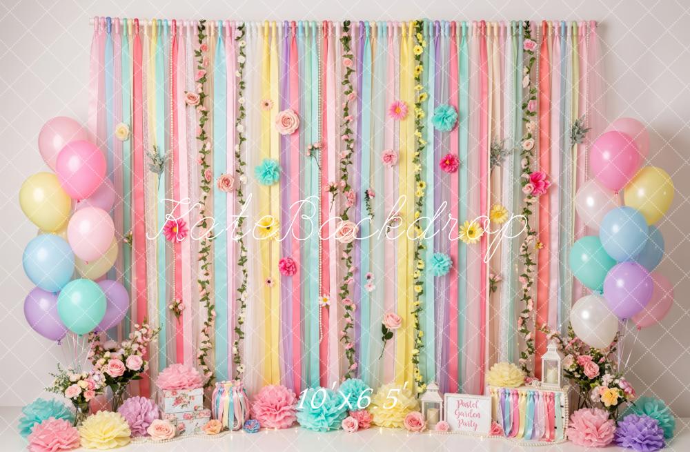 Kate Cake Smash Pastel Ribbons Floral Balloon Party Printed Backdrop Designed by Patty Roberts