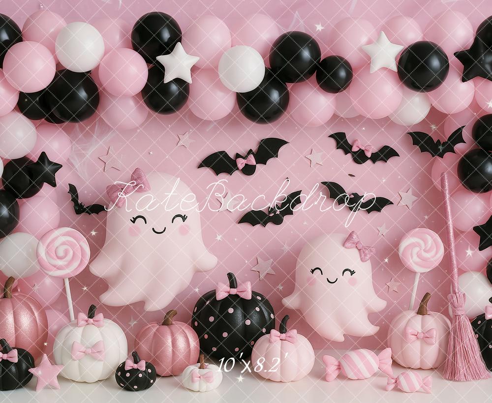 Halloween Cake Smash Pink Ghost Balloons Backdrop Designed by Ashley Paul