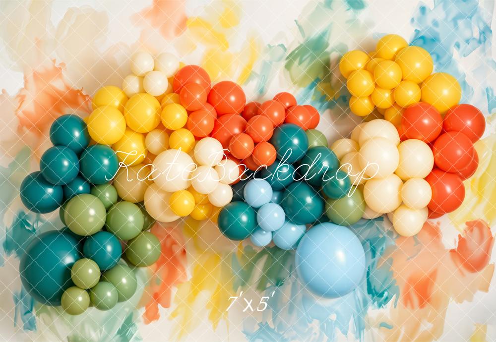 Kate Cake Smash Colorful Balloon Garland Paint Printed Backdrop Designed by Emetselch