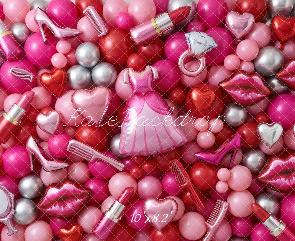 Kate Makeup Pink Balloons Dress High Heels Lipstick Printed Backdrop Designed by Chain Photography