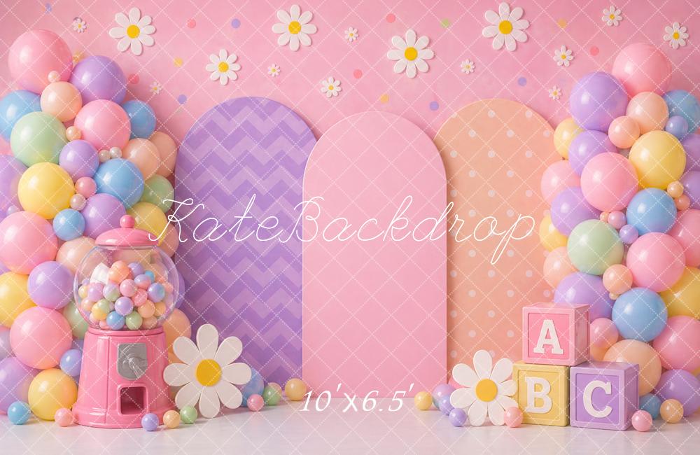 Kate Birthday Kids Balloons Bubblegum Machine Daisy Flowers ABC Blocks Printed Backdrop Designed by Caitlin Lynch