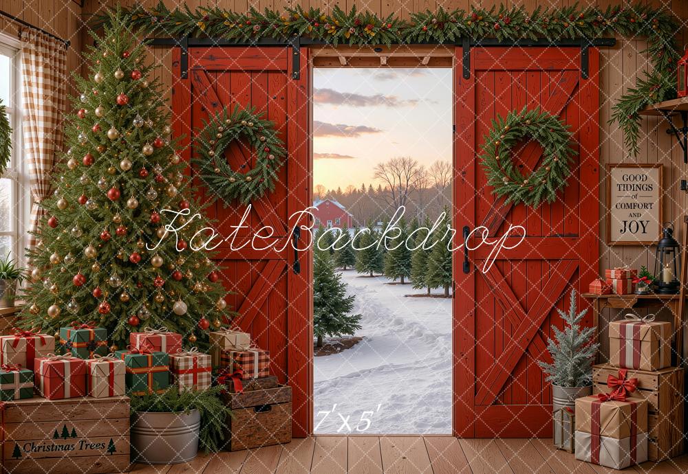 Kate Christmas Red Barn Doors Tree Wreaths Snowy Path Printed Backdrop Designed by Shutter Swan Studios