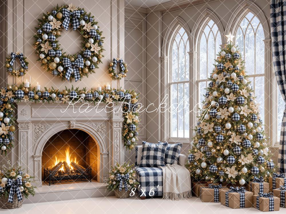 Kate Christmas Fireplace Plaid Wreath Tree Window Printed Backdrop Designed by Mini MakeBelieve
