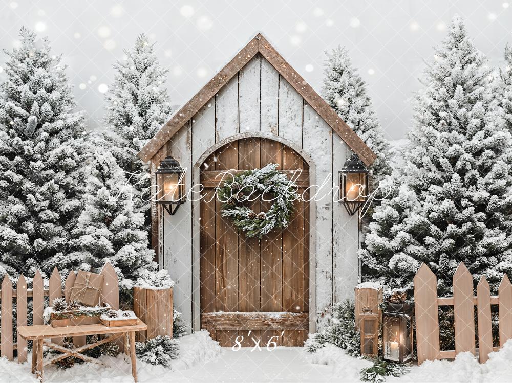 Kerst Winter Cabin Sneeuwige Hek Foto Achtergrond Designed by Emetselch