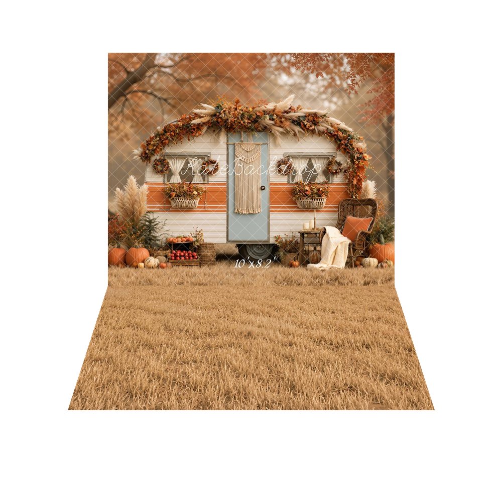 Kate Fall Boho Camper Pampas Grass Pumpkins Macrame Printed Backdrop+Dry Grass Field Floor Printed Backdrop