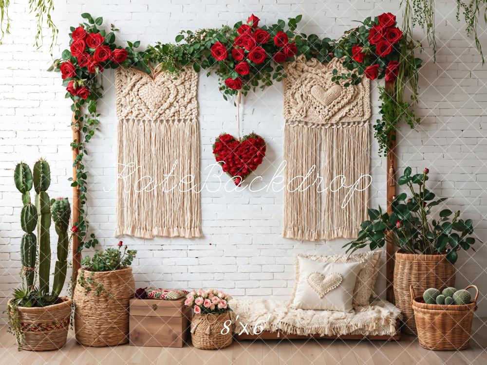 Kate Valentines Boho Macrame Heart Red Roses Greenery White Wall Backdrop Designed by Emetselch