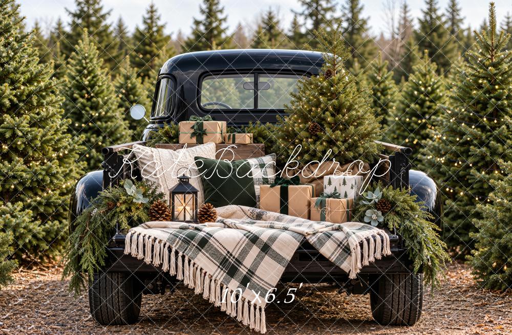 Kate Christmas Forest Vintage Black Truck Gifts Plaid Blanket Printed Backdrop Designed by Emetselch