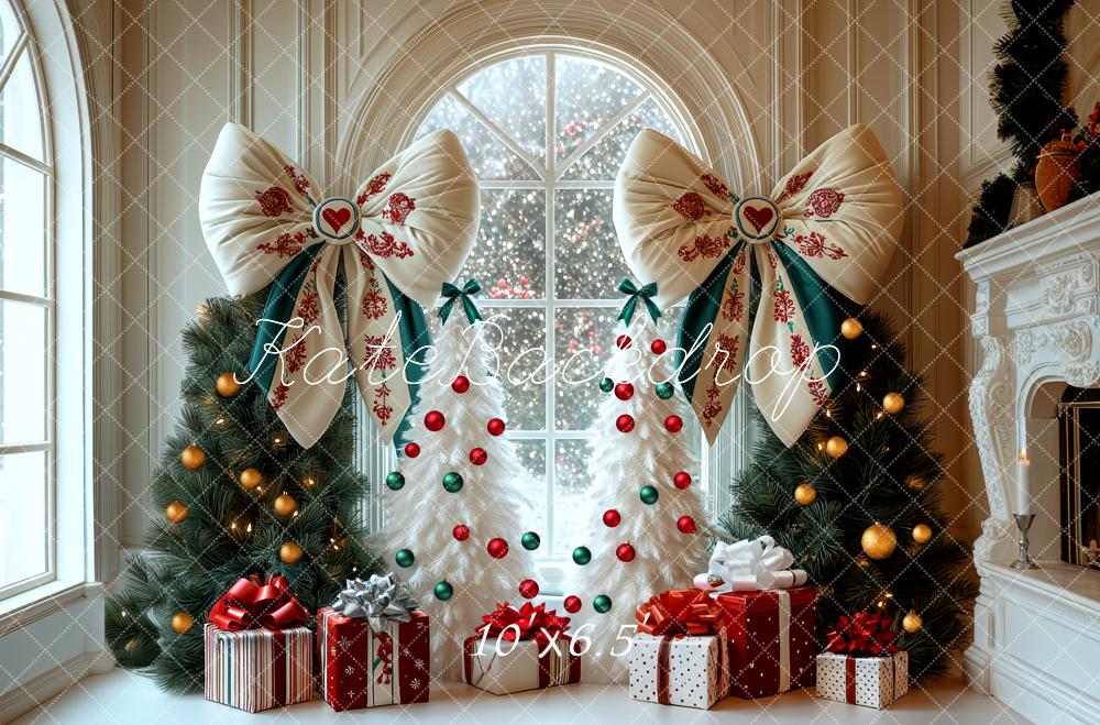 Kate Christmas Trees Large Folk Bows Gift Arched Window Backdrop Designed by Mini MakeBelieve