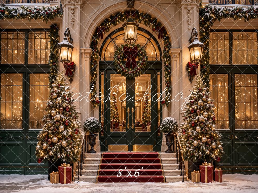Kate Christmas City Snowy Grand Building Entrance Arch Wreaths Staircase Printed Backdrop Designed by Jordan Moon