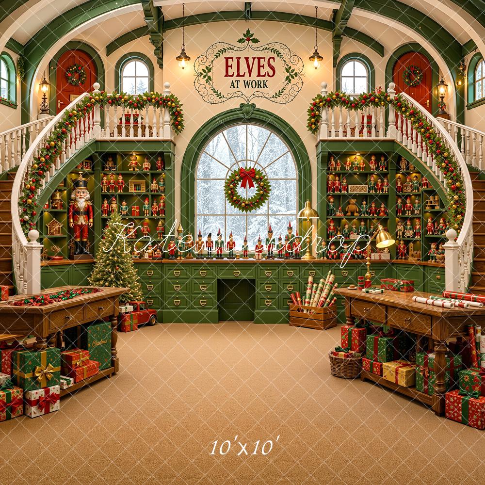 Kate Christmas Green Elves Toy Workshop Staircase Printed Backdrop Designed by Shutter Swan Studios